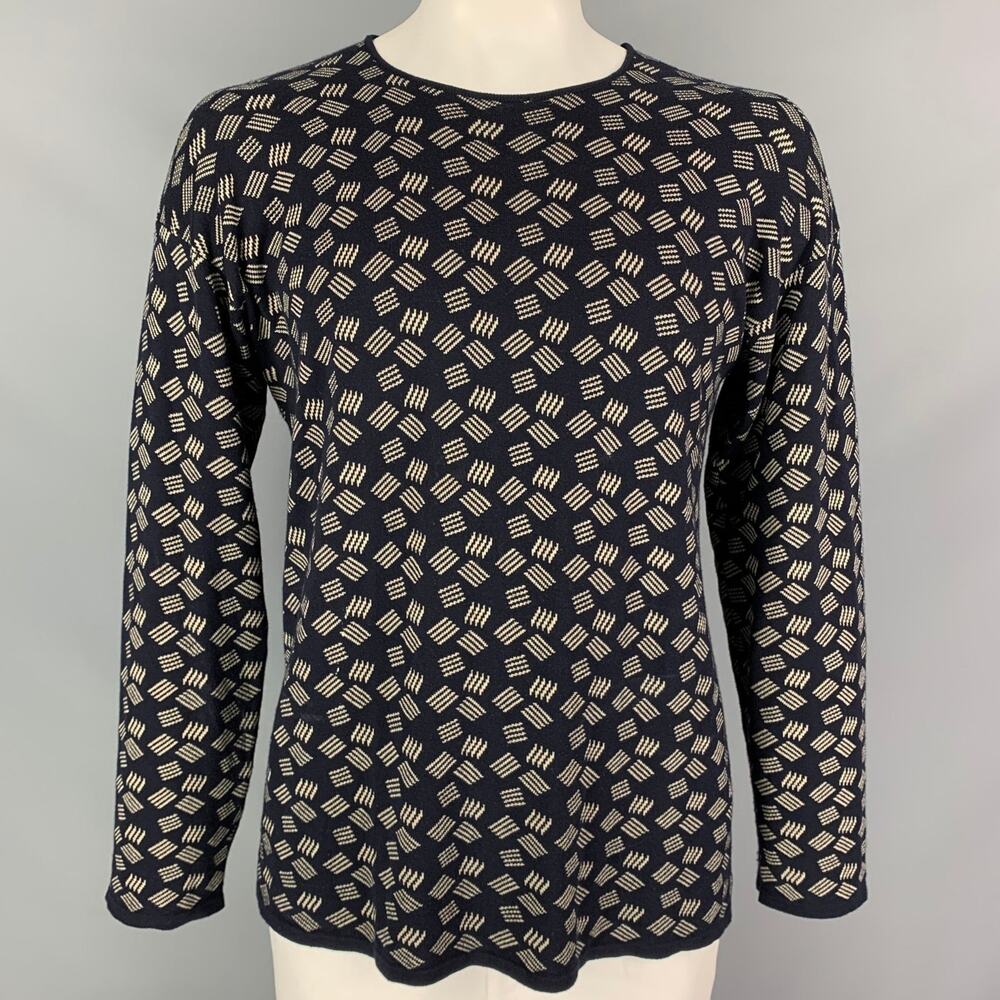 ARMANI COLLEZIONI Size L Navy Ivory Knit Cotton Blend Crew Neck Pullover